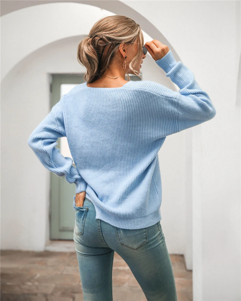 

Autumn Winter New Woman Sweaters Fashion Casual V-neck Long-Sleeved Pullover Irregular Sweater Knitting Tops