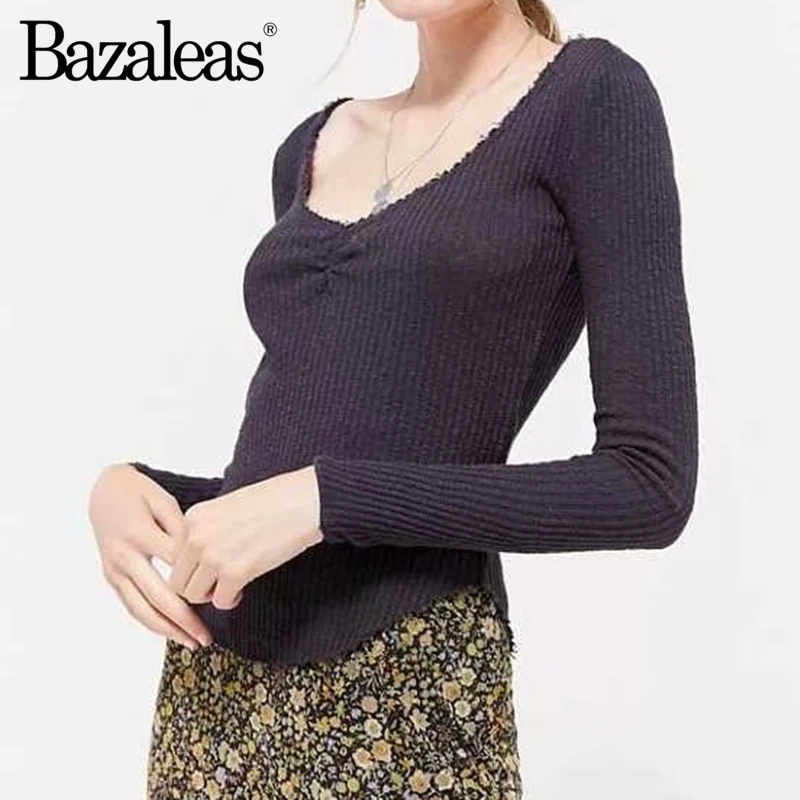 

Женский винтажный свитер с оборками Bazaleas, шикарный вязаный пуловер, милая женская одежда