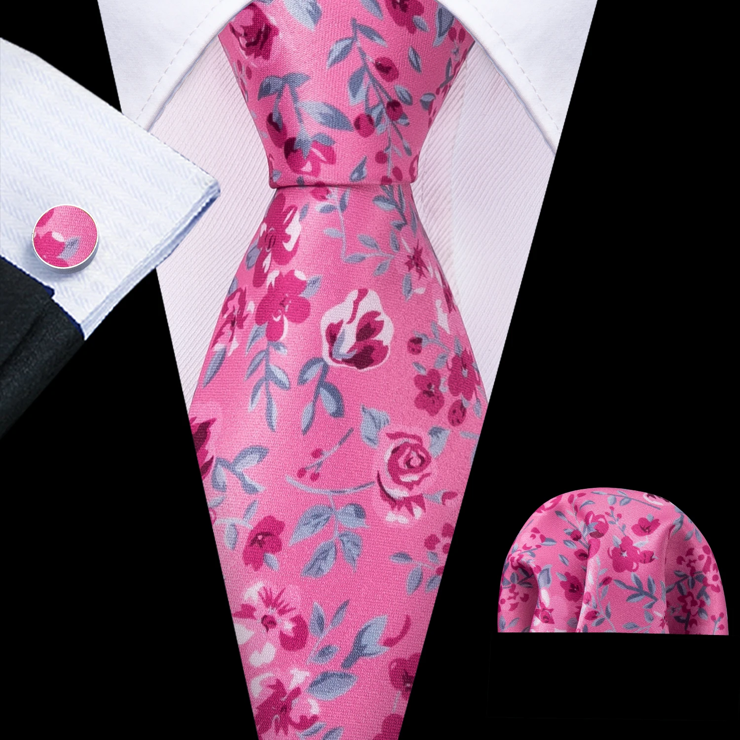 

Fashion Pink Print Men Tie Set Silk Jacquard Necktie Wedding Business Handkerchief Cufflinks Tie Barry.Wang Designer FA-5368