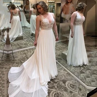 sexy v neck chiffon a line wedding dresses lace appliques beading plus size spring bridal gowns sleeveless robe de mariage 2020