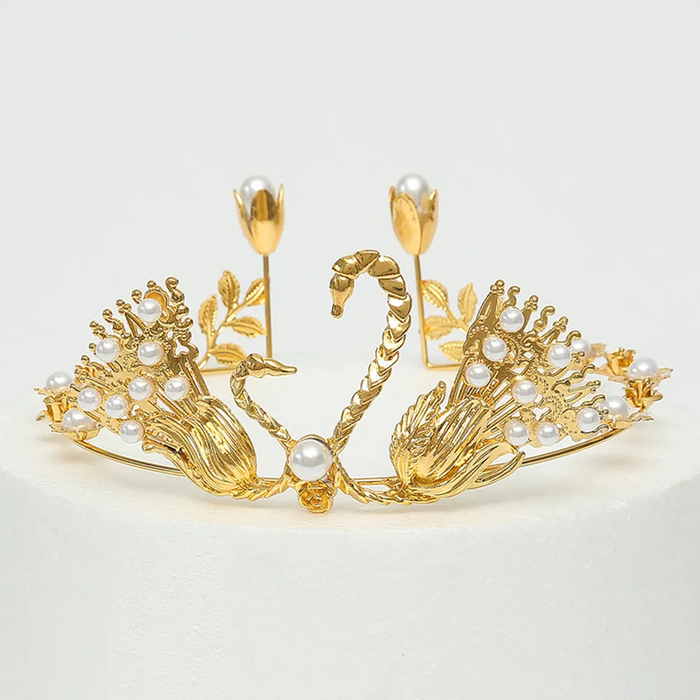 

Gold Silver Color Rhinestone Swan Crown Tiaras Pearl Wedding Hair Accessories Cake Topper Decoration Party Birthday Supplies