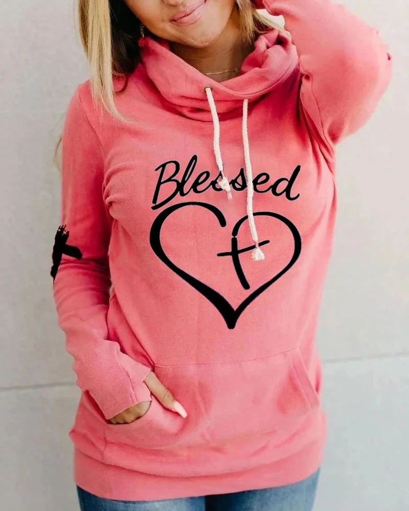 

Letter Heart Print Hooded Long Sleeve Sweatshirt