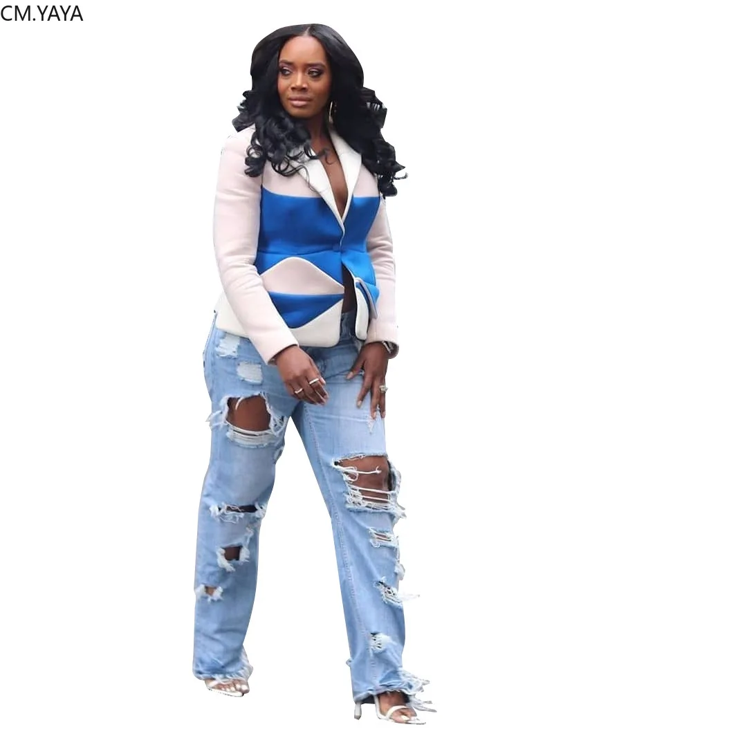 Женские повседневные длинные джинсы на молнии с дырками и высокой талией брюки