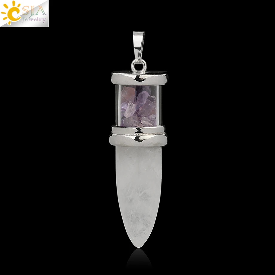 Crystal-Amethyst CSJA в форме пули подвески из натурального камня розовый кварц Фиолетовый Кристалл ожерелья Желая бутылка конус рейки Маятник для женщин и мужчин G284 - Окраска металла: Crystal-Amethyst