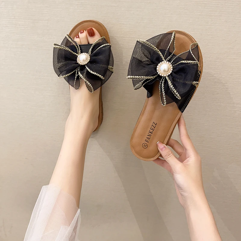 

Rubber Slippers Shoes Woman 2021 Butterfly-Knot Luxury Slides Pantofle Low Shale Female Beach Flat Designer New Sabot Basic PU F