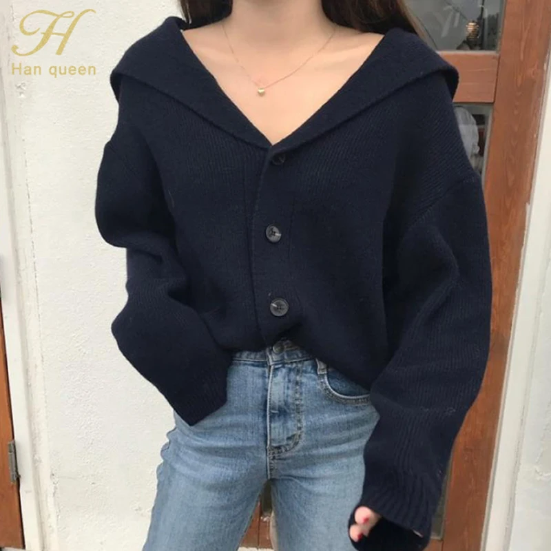 Blue H Han queen однобортный с капюшоном кардиганы женские Осенние повседневные трикотажные свободные однотонные свитеры мягкий кардиган свитер - Цвет: Blue