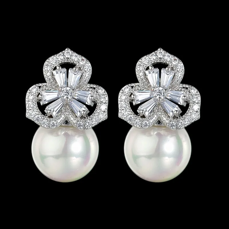 Uilz Luxury Female Crystal Flower Stud Earrings Pearl Wedding Double Zircon For Women UE2475 | Украшения и аксессуары