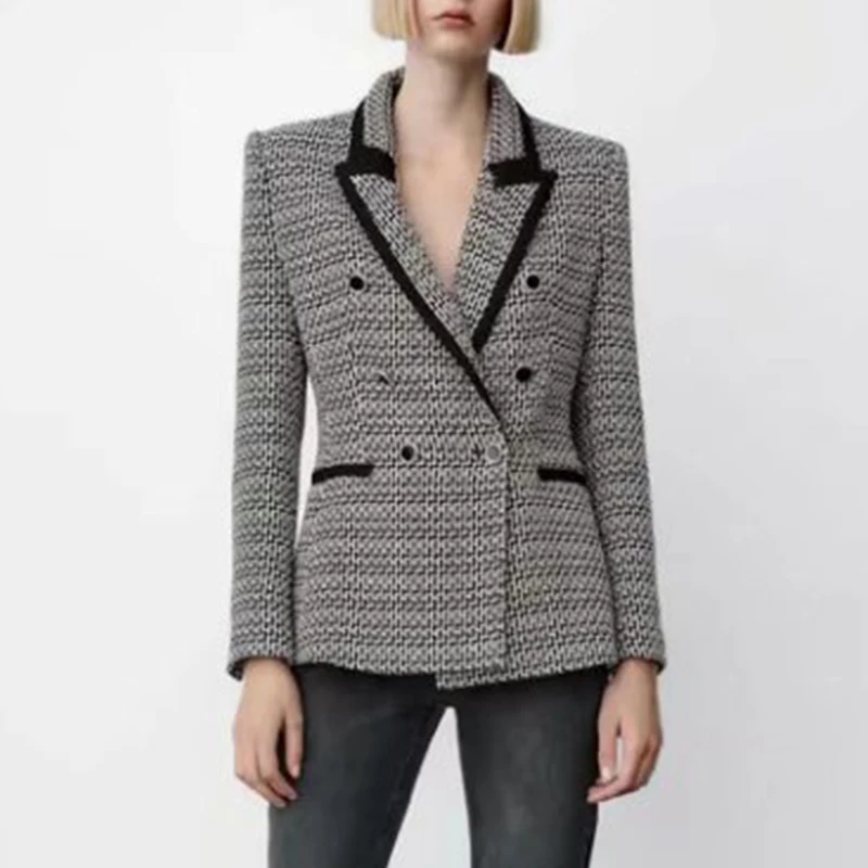 

2021 Autumn Women Fashion Tweed Contrast-trimmed Blazer Vintage Notched Collar Bouble Breasted Outerwear Chic Top BB4343