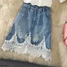 Джинсовая юбка женская с высокой талией, уличная одежда в стиле пэчворк, кружевная облегающая короткая из денима, на лето