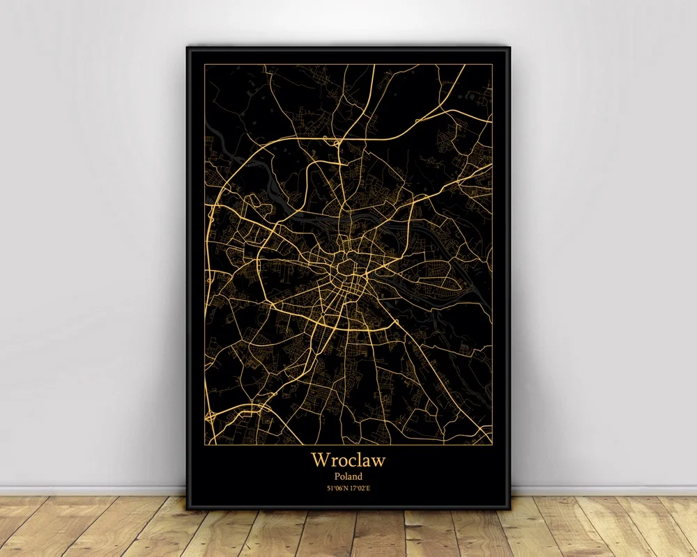 ВРОЦЛАВ Польша черный и золотой город светильник Карты изготовленный на заказ