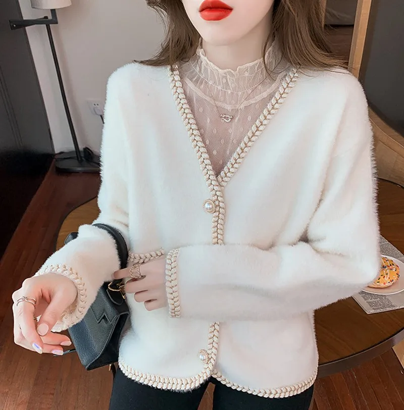 

Осень 2021, толстый бархатный кардиган с V-образным вырезом из норки, мохеровые вязаные, кашемировый свитер, пальто, однобортная куртка, топы с ...