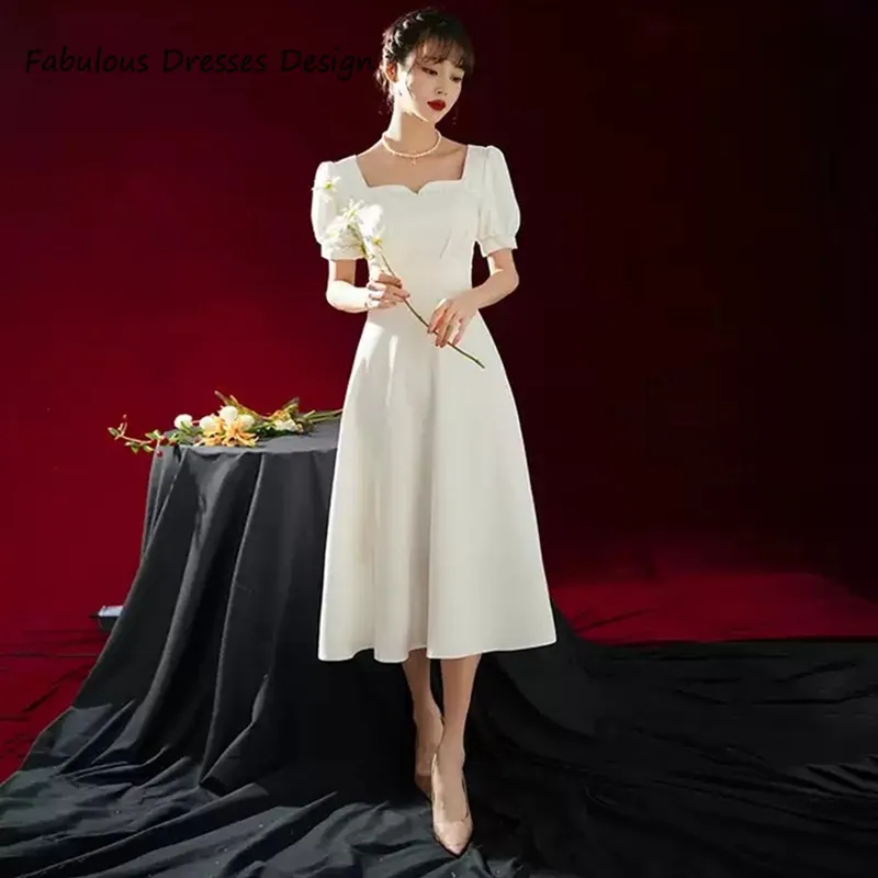 Женское атласное платье подружки невесты официальное белое ТРАПЕЦИЕВИДНОЕ