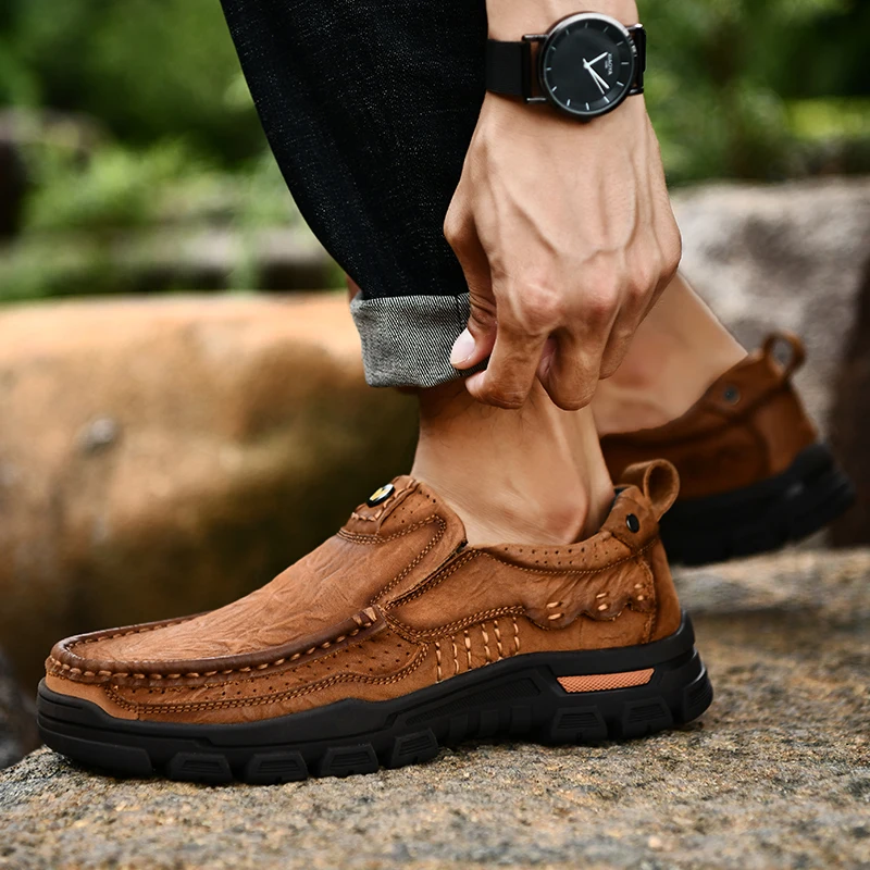 Men shoes geuine leather Non-Slip Hiking Shoes First Layer Cowhide Leather Sneakers lace up oxofrds Breathable Boots | Обувь