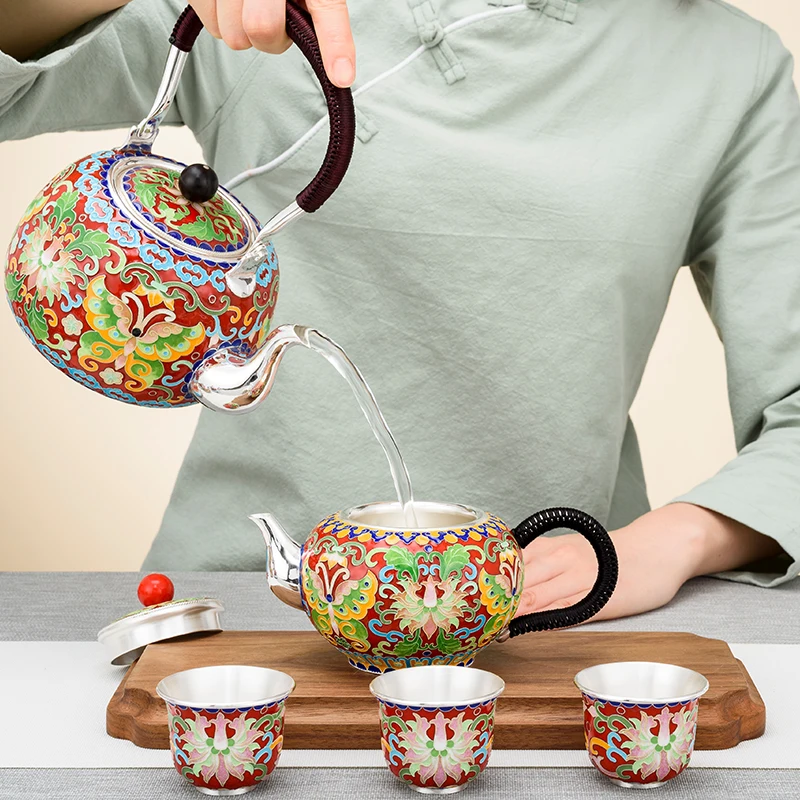 Sterling Silver 999 Boiling Water Pot Cloisonne Middle And Old Style Retro Home Kungfu Tea Set Manual Sterling Si
