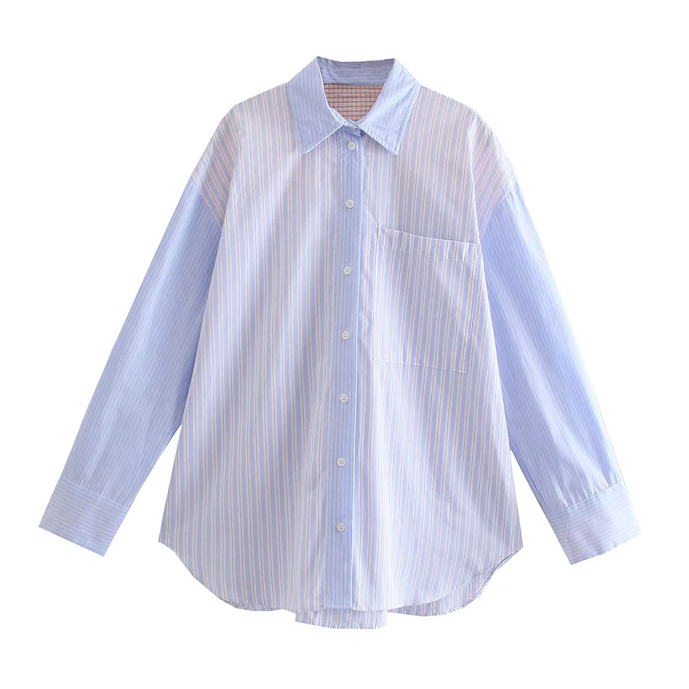 

Женская рубашка в полоску ZA, однобортная драпированная блузка с длинными рукавами и маленьким отложным воротником