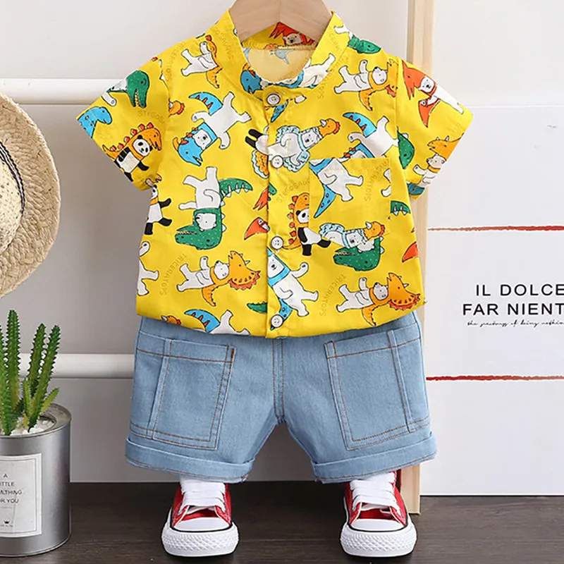 

Kids Tracksuits Clothes Sets Boys Girls Baby Floral Printed Shirts Cartoon Denim Shorts Pants Summer Outfits