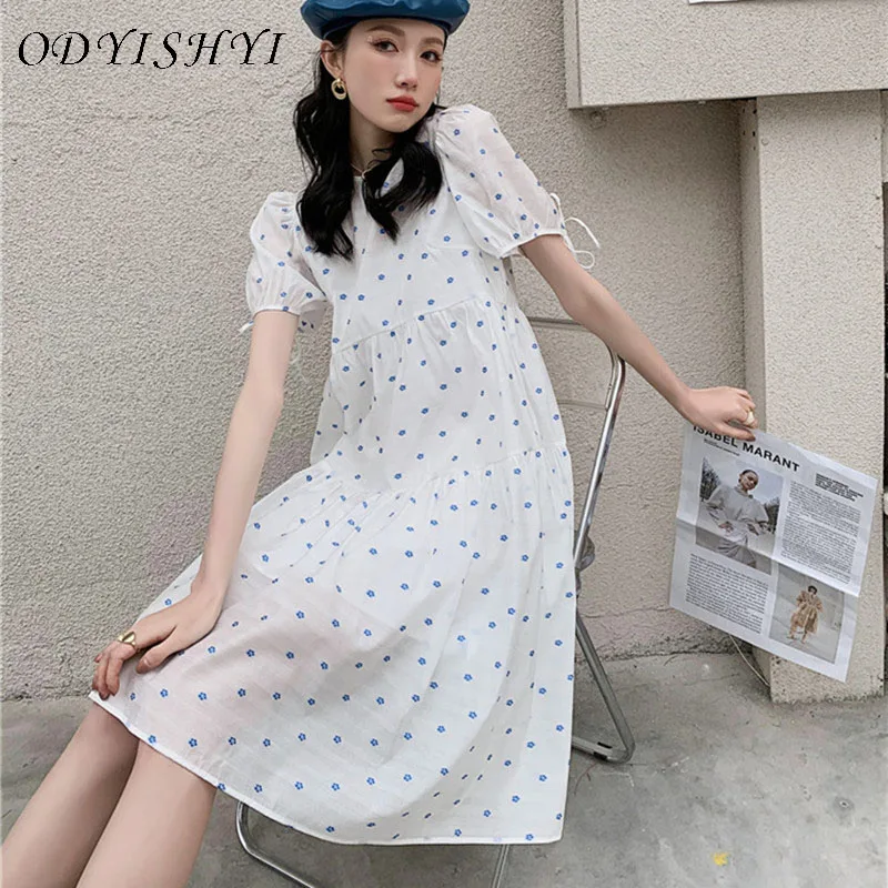 

Female Sweet O-Neck Designed Asymmetrical Floral Print Dress Women Summer Loose New White Dresses Ladies Elegant Vestidos ML317