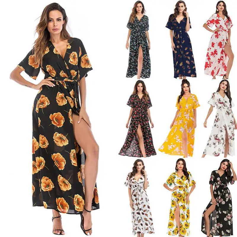 

Floral Chiffon Dress Temperament Casual Beach Dress V-neck Sexy Open Short-sleeve Tie With Large Swing Dress