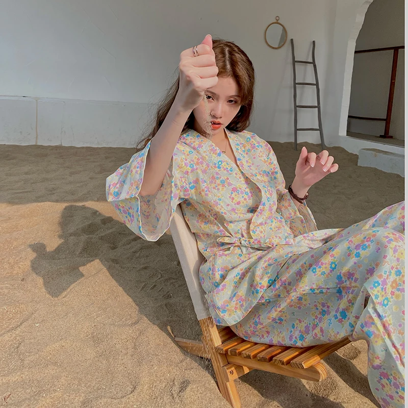 

Spring Home Suit Women Floral Print Korean Japan Two Piece Set Home Clothes Lace Up Shirts + Long Pants Sleepwear Homewear
