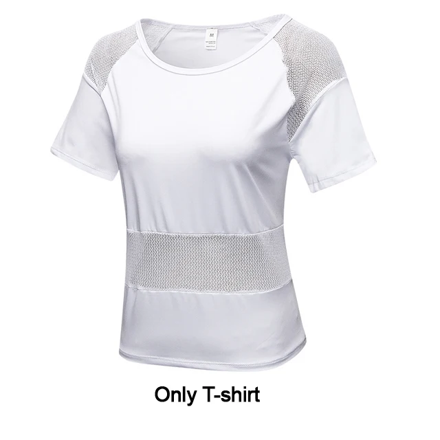 White T-shirts Спортивный костюм Женская футболка для йоги+ штаны Фитнес-Йога Комплект с сеткой для тренировки спортзала Беговая спортивная одежда пэчворк одежда для бега - Цвет: White T-shirts