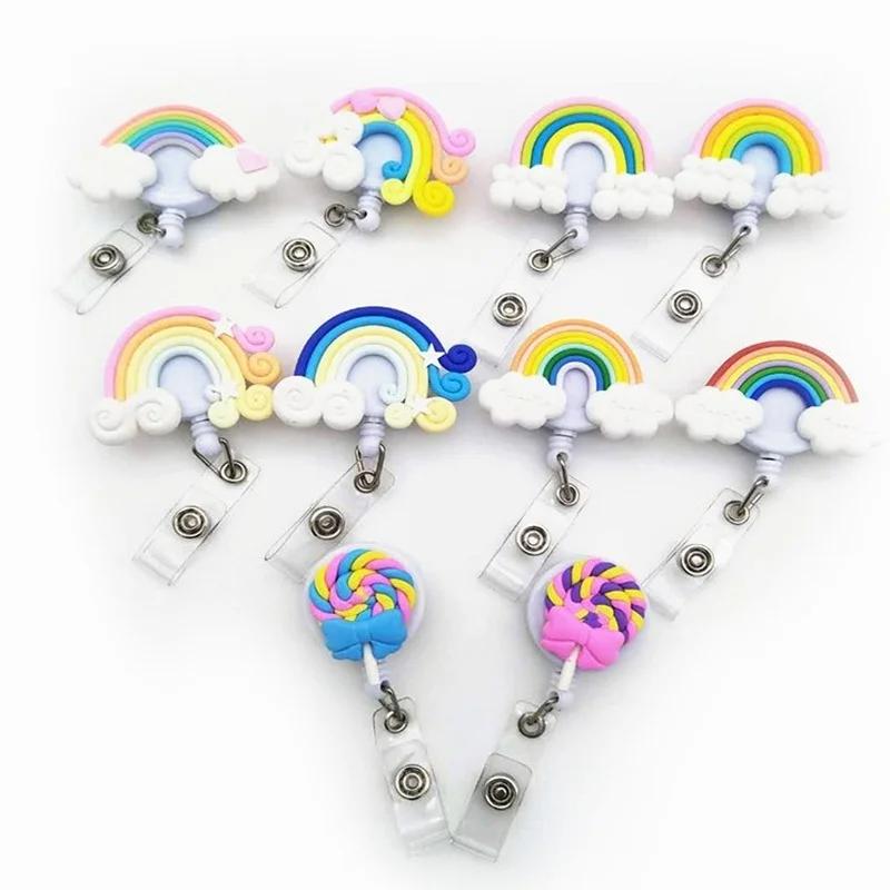 

1pc Retractable Rainbow Badge Reel Women Girls Staff Work Card Clip Female Employee's Card Clamp Access Pass Card Accessories