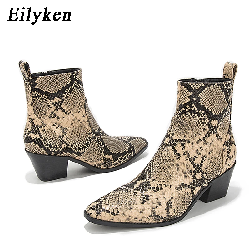 Eilyken г. Новые зимние женские сапоги с круглым носком и змеиным принтом модные сапоги для вечеринок сапоги для верховой езды, большие размеры 36-43
