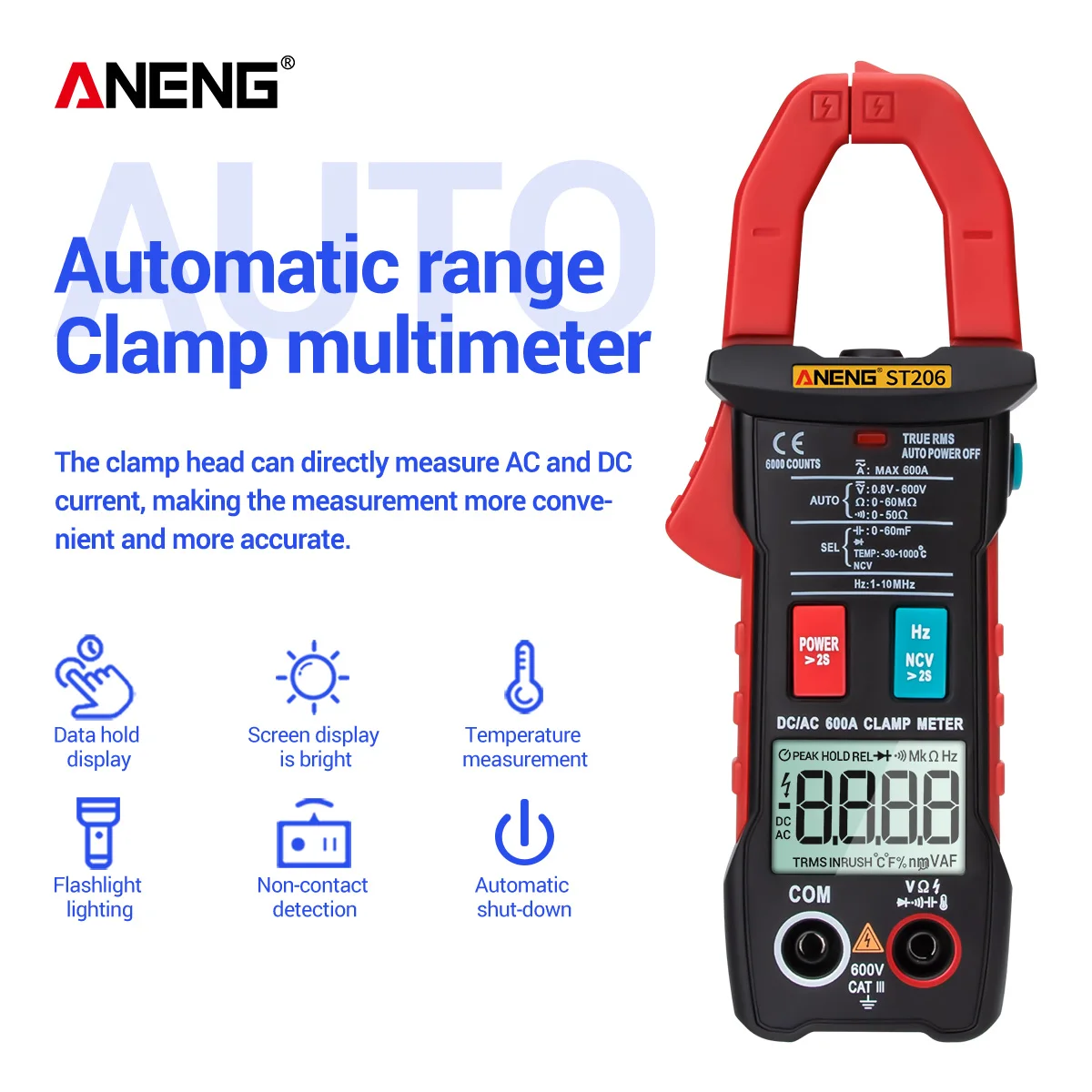 Цифровой мультиметр-зажим ST206 6000 отсчетов True RMS ампер постоянного/переменного