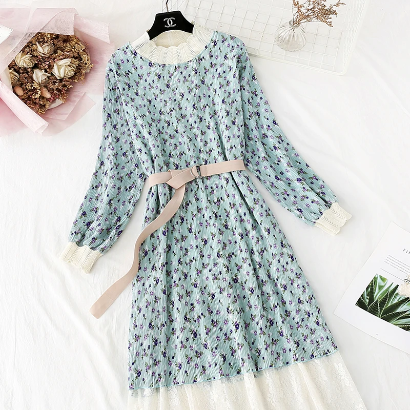 Женское Плиссированное шифоновое платье с принтом весна осень 2019 новое