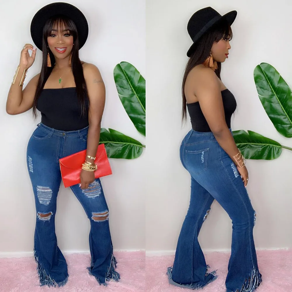 Повседневные рваные джинсы брюки с дырками расклешенные кисточками уличная