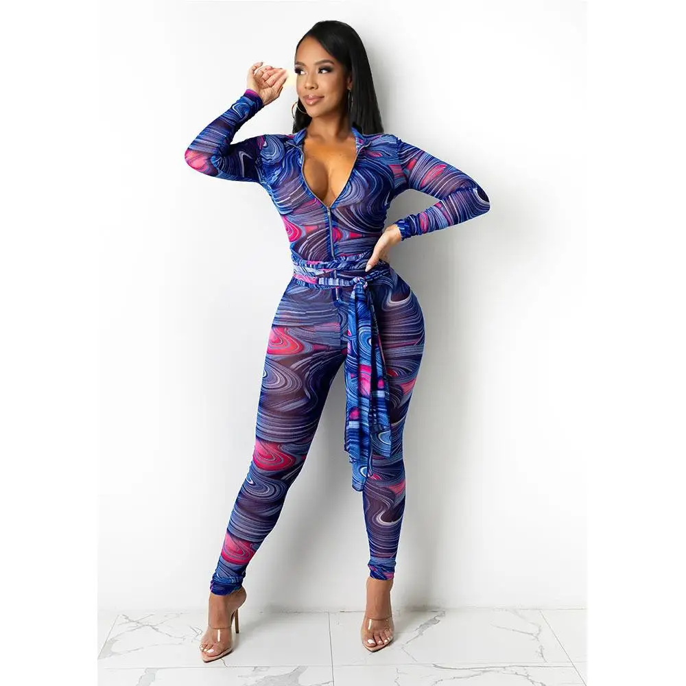 

Sexy Sheer Mesh See Through Front Zipper Autumn Jumpsuit Woman One Piece Overalls Turn Down Collar Full Sleeve Romper with Belt
