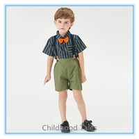 new childrens clothing boys striped short sleeved shirt elastic suspenders pants
