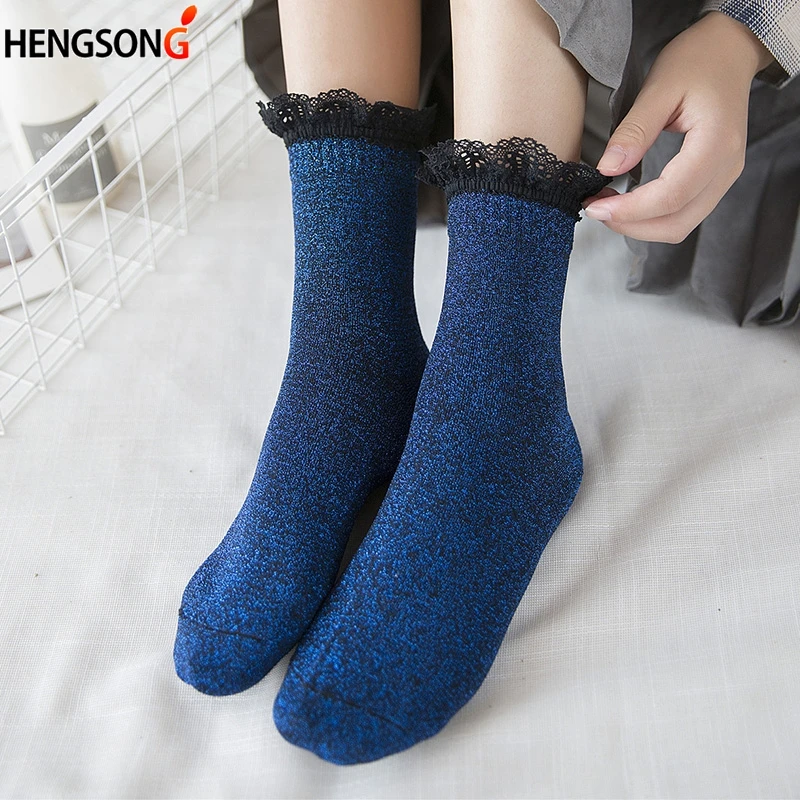 

New Shiny Glitter Socks Women Ladies Lace Socks Luxury Floral Edge Warm Cotton Winter Socks Funny Cute Socks