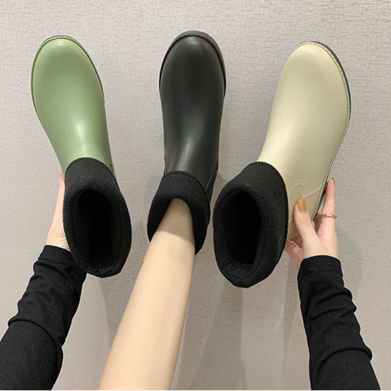 

2021 Fashion Boots Women Rubber Ankle Boots Non Slip Waterproof Ladies Rain Water Shoes Winter Warm Female Boots