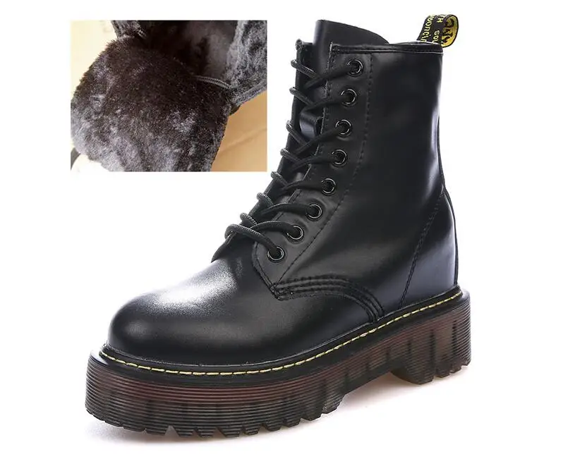 Fur black leather Женские ботильоны из спилка; ботинки на плоской платформе; женская обувь; сезон осень-зима; мотоциклетные ботинки в стиле панк; женские ботинки на толстом каблуке - Цвет: Fur black leather