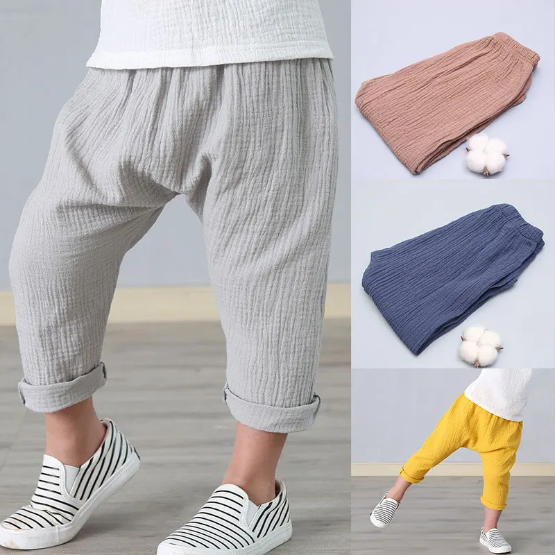 

Kids Pants Boy Girl Summer Solid Color Linen Pleated Trousers Children Ankle-length Pants For Boys Pants Casual Harem Pants