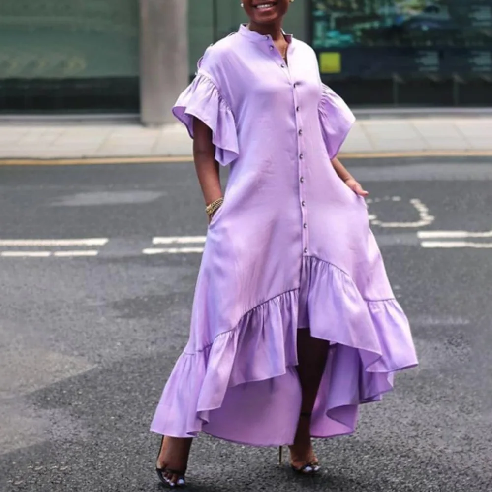 

Women Shirt Dress 2021 Summer Irregular Midi Vestidos Casual Solid Ruffle Sleeve Sundress Female O-neck Robe Oversize