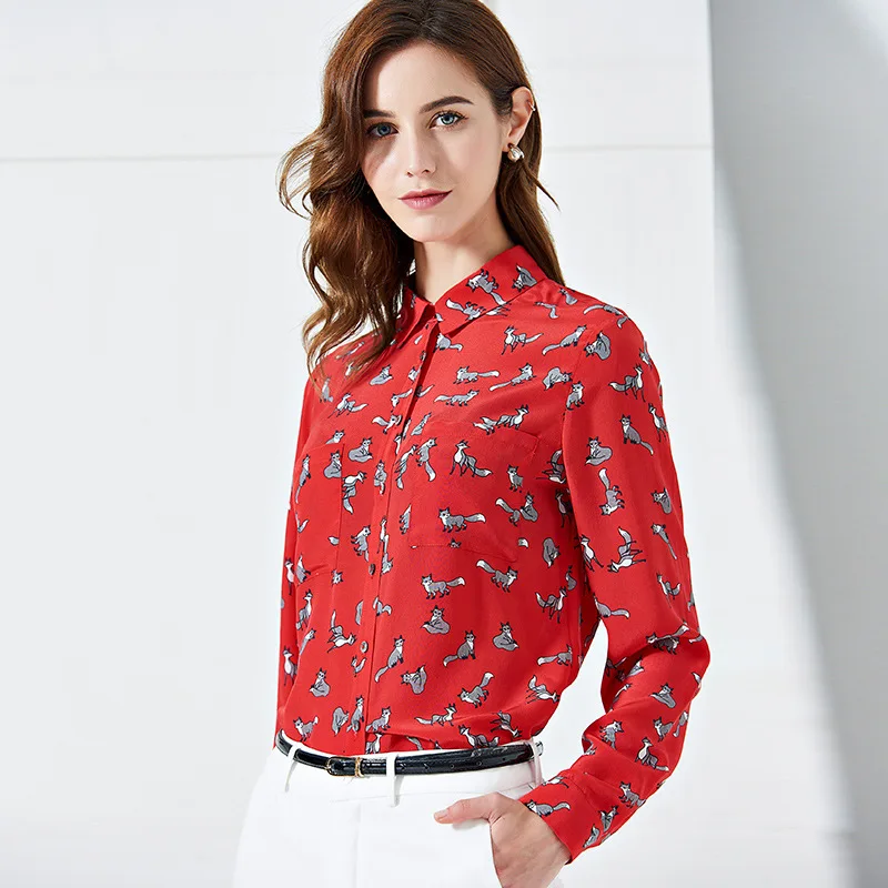 Women's Blouses and Tops Silk red white fox Floral Office Formal Casual Shirts Plus Large Size Spring Summer Sexy Haut Femme