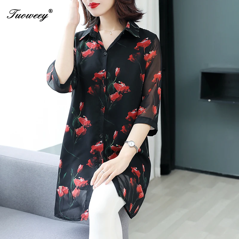 

Women Elegant Floral Print Blouse Shirts 2020 Autumn V-Neck Button half Sleeves Tops Ladies Office Casual Streetwear Blusas