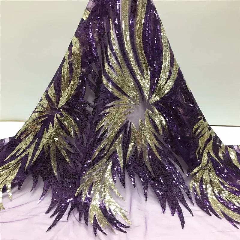 

Purple /gold 2019 High Quality African Lace Fabric Gold , Red French Net Embroidery Sequins Tulle Lace Fabric For Nigerian Party
