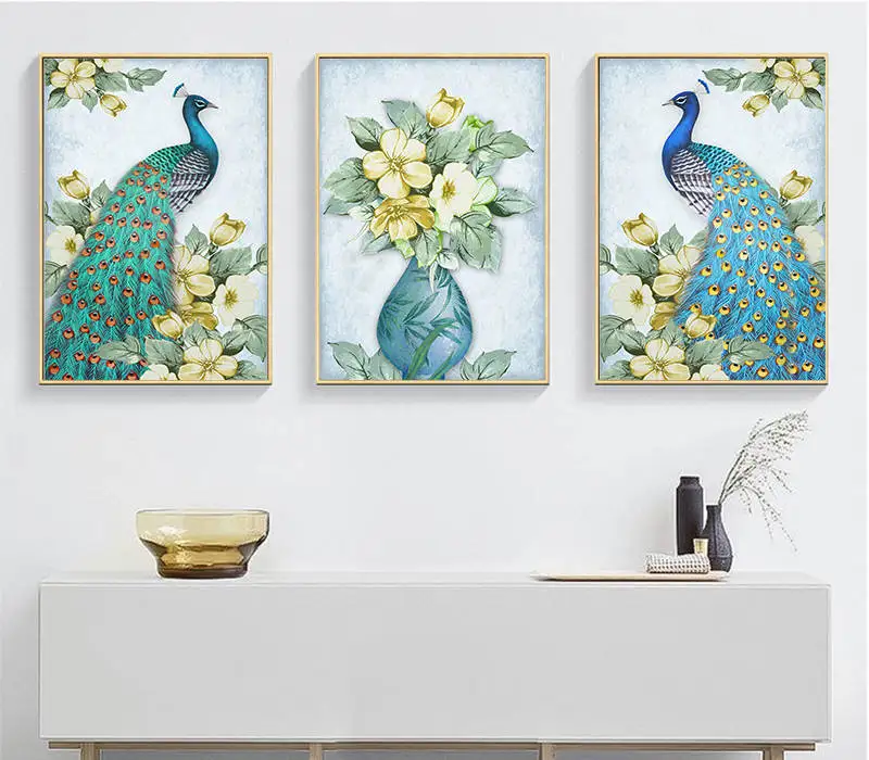 Синий павлины рисунок цветов на холсте настенные плакаты и принты современный
