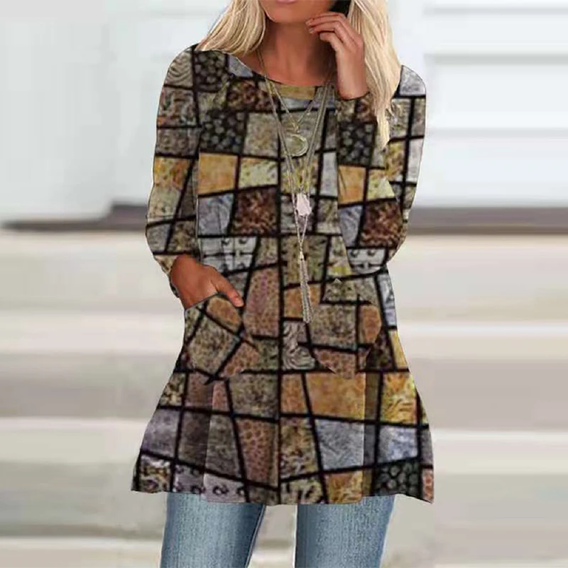 

Fashion Retro Pattern Check Print Blouses And Tops 2021 Women Casual Harajuku Loose Pocket Shirts Sexy O Neck Long Sleeve Blusas