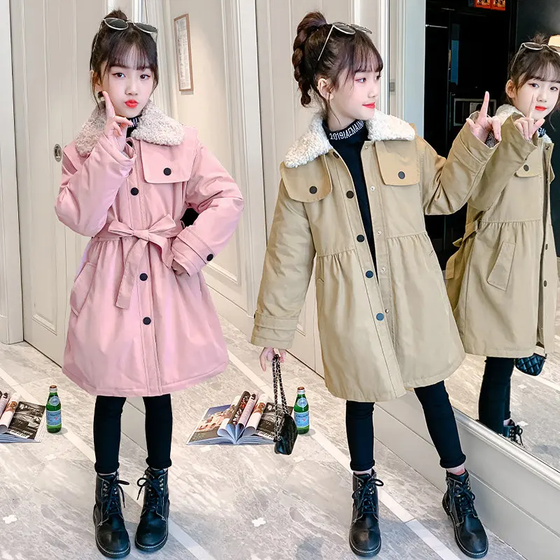 

Long Style Winter Cotton Jacket For Girls Clothes Warm Children Windbreaker Pink Khaki Trench Coat Kids Thick Outerwear Overcoat