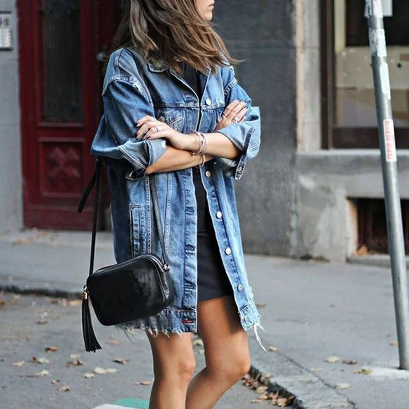

Spring and autumn women's denim jacket mid-length street retro dark hole denim fashion windbreaker casual jacket
