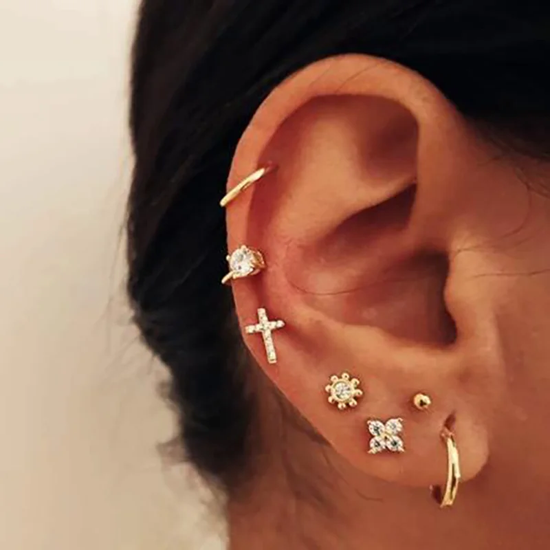 

7PCS Vintage Stud Earring Golden Cross Flower Crystal Women Earing Creative Jewelry for Women Clip Earrings Bohemian Accessories