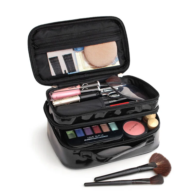 Женская косметичка из полиуретана черные двойной слой Водонепроницаемый toilettry