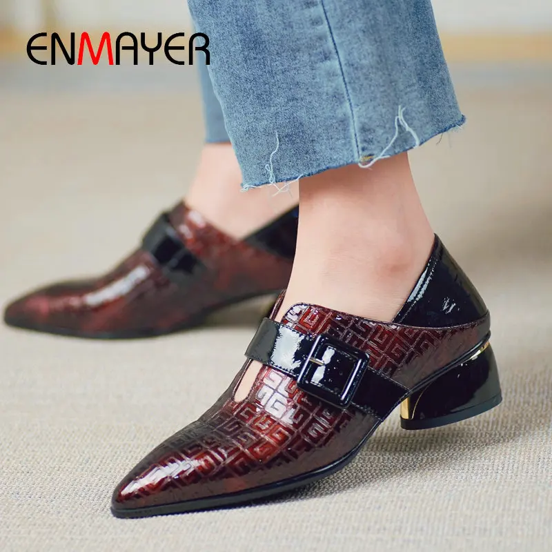 

ENMAYER 2019 Luxury Shoes Women Designers Basic Patent Leather Dress Women Pumps Slip-On Square Heel Neutral Women High Heels