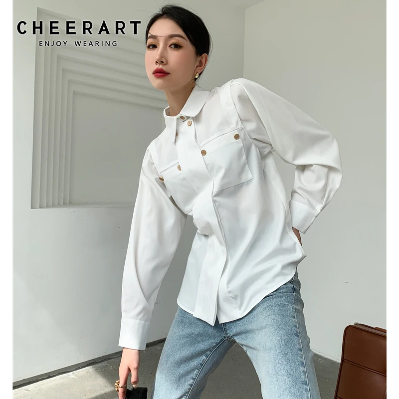 

Дизайнерская Женская рубашка CHEERART, белая двубортная блузка с длинным рукавом и воротником на пуговицах, 2021