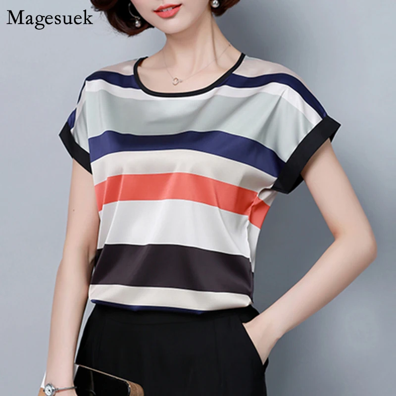 

Loose Plus Size Chiffon Blouse Shirt Women Office Ladies Summer Top O-neck Striped Oversized Shirt Blouses Blusas Mujer 0451 30