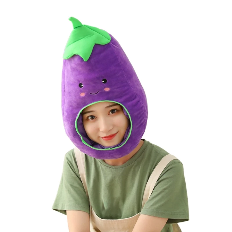 

Kawaii Cartoon Eggplant Plush Hat Cute Embroidery Stuffed Toy Headgear Warm Cap J78E