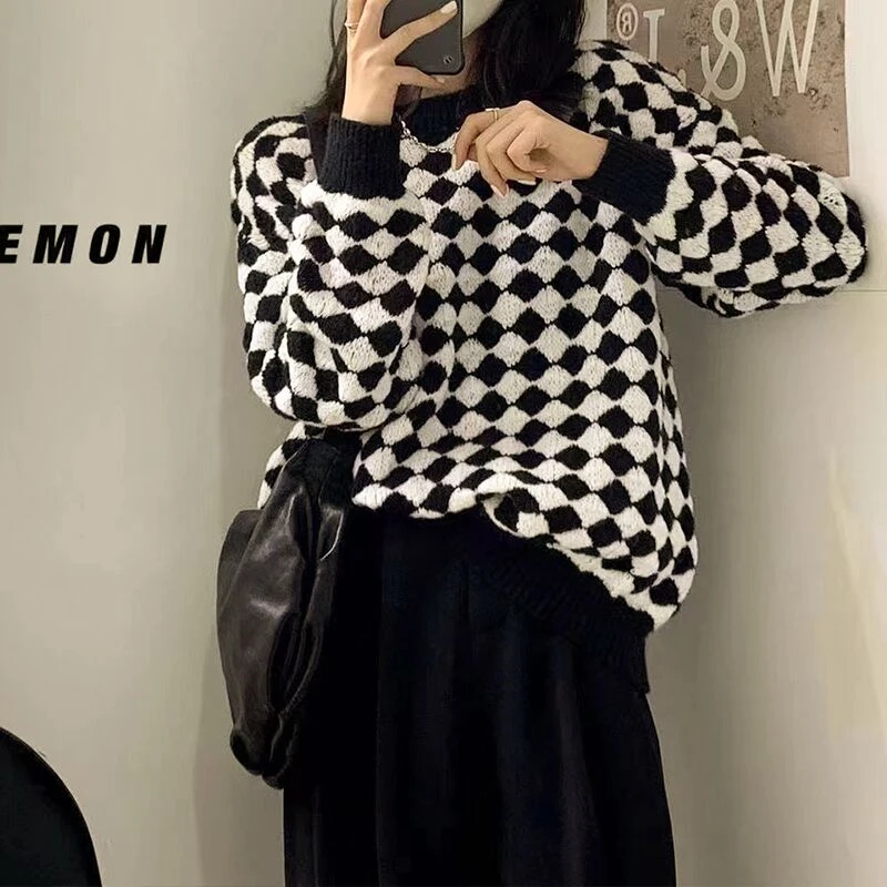 

SYJ Color Blocking 2021 New Autunm Winter Women Sweaters Pullovers Checkered Vintage Fashionable Oversized Tops SW1594JX